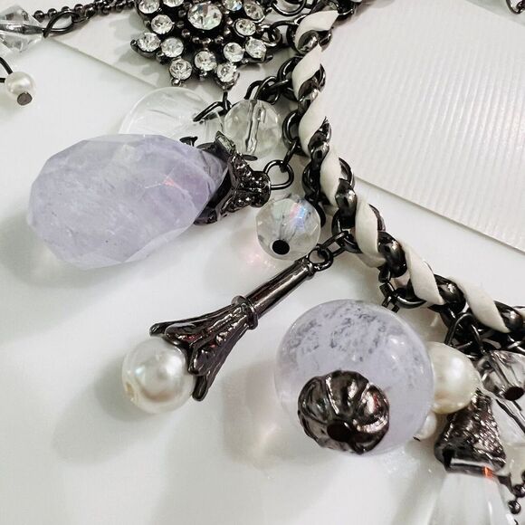 Art Glass Dangle Charm Bracelet Faux Pearl Leather Lilac Rhinestone Dangle - Picture 7 of 12